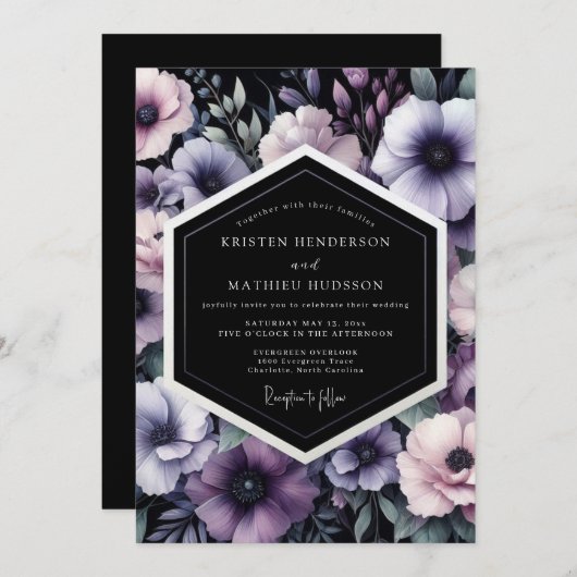 Amethyst Noir Bloom Wedding Einladung (Vorne/Hinten)