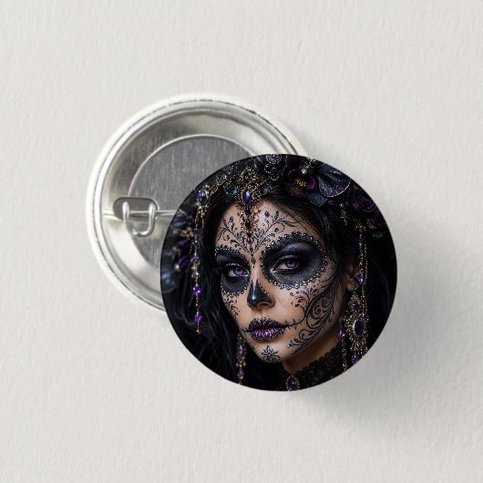 Amethyst-Orchidee Calavera – Gothic Zucker-Schädel Button (Vorne & Hinten)