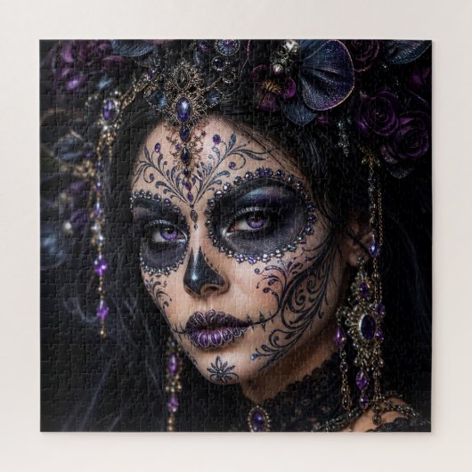 Amethyst Orchidee Calavera – Gothic Zucker-Schädel Puzzle (Vertikal)