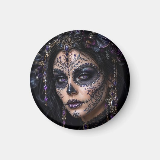 Amethyst-Orchidee Calavera – Gotischer Zuckerschäd Magnet (Vorne)