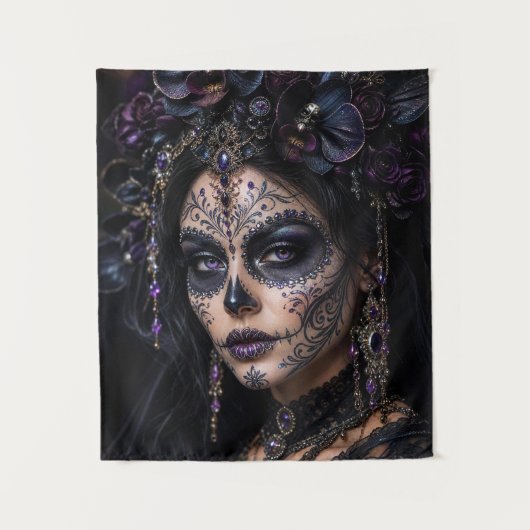 Amethyst-Orchidee Calavera – Gotischer Zuckerschäd Wandteppich (Vorderseite)