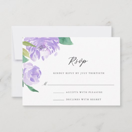 Amethyst Peony Wedding Mail-in RSVP Karte (Vorderseite)