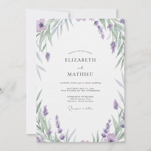 Amethyst-Perlen-Silber-Blatt-Hochzeit Einladung (Vorderseite)