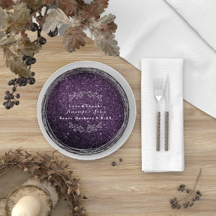Amethyst Plum Silver Floral Wreath Wedding Glitzer Pappteller