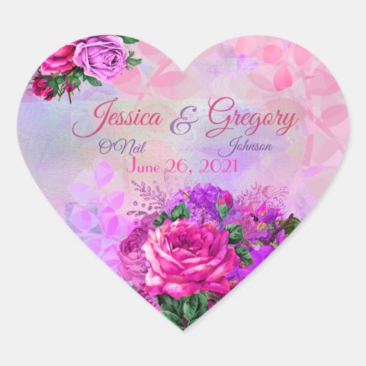 Amethyst Raspberry Floral Wedding Herz-Aufkleber (Vorderseite)