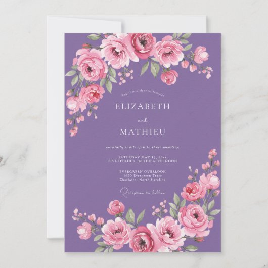 Amethyst-Rosa-Aquarell-Blumenhochzeit Einladung (Vorderseite)
