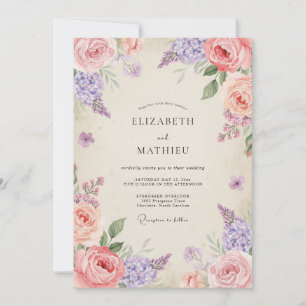 Amethyst-Rosa-Blütenhochzeit Einladung