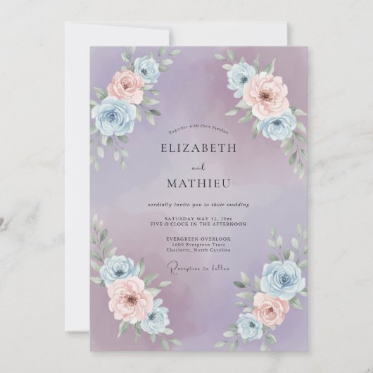 Amethyst-Rosé-Blüten-Hochzeit Einladung (Vorderseite)