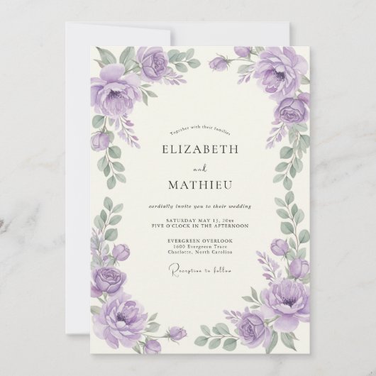 Amethyst-Silber-Ranunculus-Eukalyptus-Hochzeit Einladung (Vorderseite)