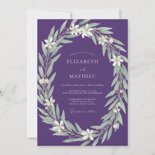 Amethyst Silberlaub Eukalyptus-Hochzeit Einladung (Vorderseite)