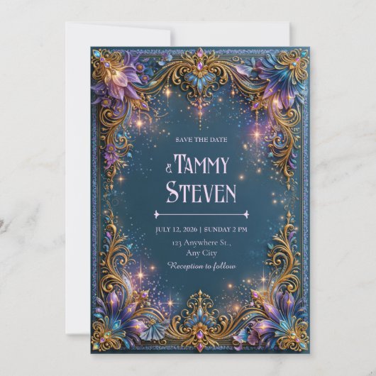 Amethyst Starlight Filigran Hochzeit Einladung (Vorderseite)