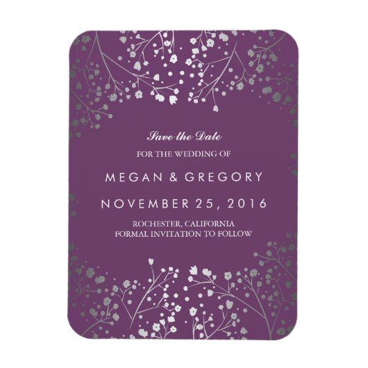 Amethyst und Silber Gipskraut Save the Date Magnet (Vertikal)