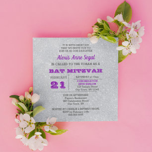Amethyst und Silberer Glitzer Glam Bat Mitzvah Einladung
