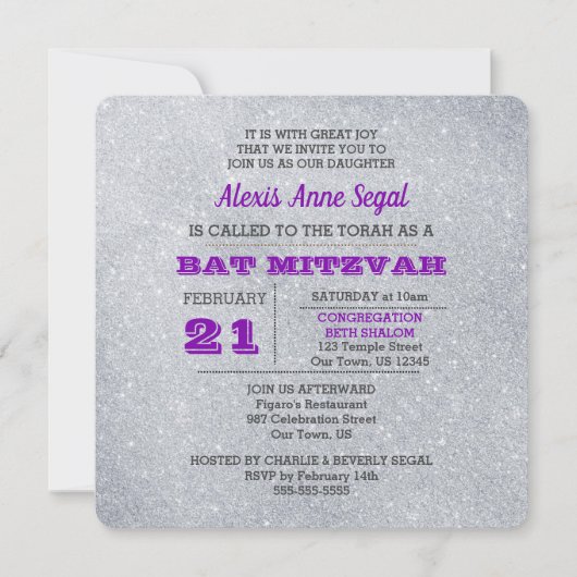 Amethyst und Silberer Glitzer Glam Bat Mitzvah Einladung (Vorderseite)