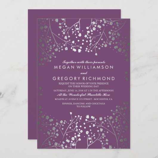 Amethyst und Silver Gipskraut Wedding Einladung (Vorne/Hinten)