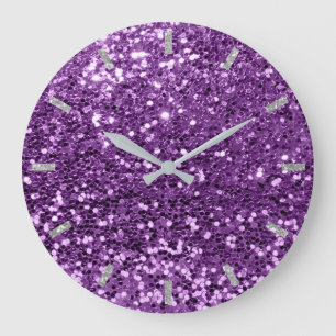 Amethyst Violet Purple Sparkly Faux Glitter Gray Große Wanduhr