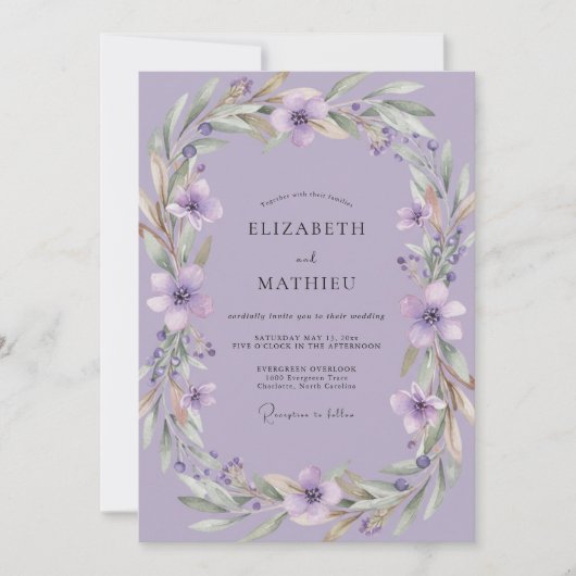 Amethyst-Violetter Kranz Hochzeit Einladung (Vorderseite)