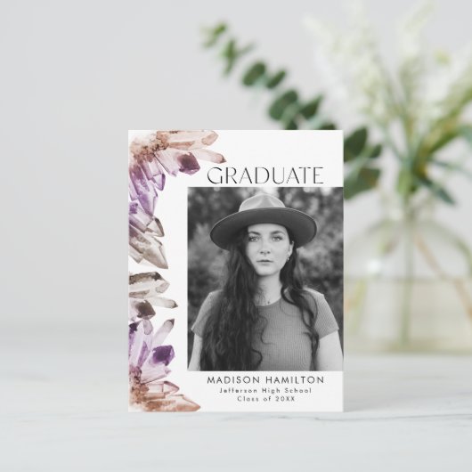 Amethyst Watercolor Crystal Foto Graduation Party Einladungspostkarte (Stehend Vorderseite)