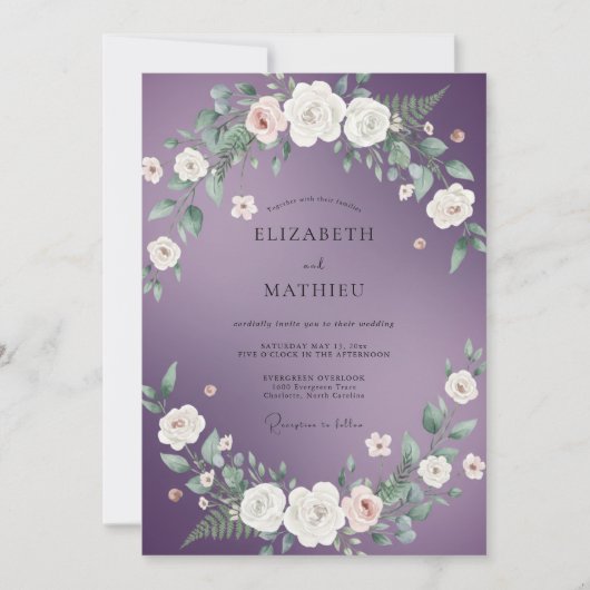 Amethyst Weiße Wasserfarben-Hochzeit Einladung (Vorderseite)