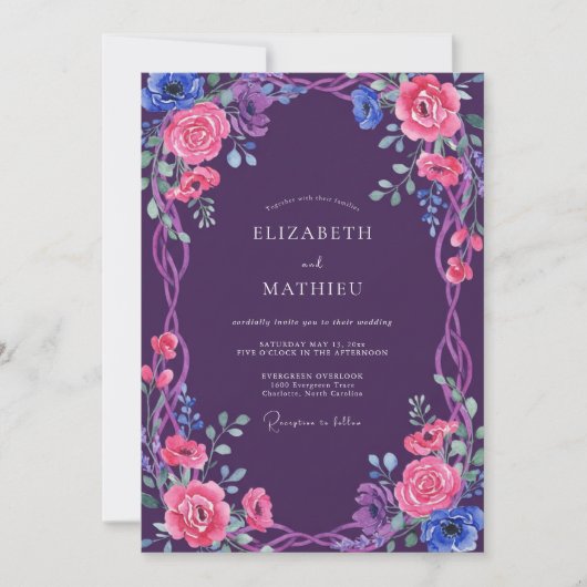 Amethyst Whimsical Bloom Hochzeit Einladung (Vorderseite)