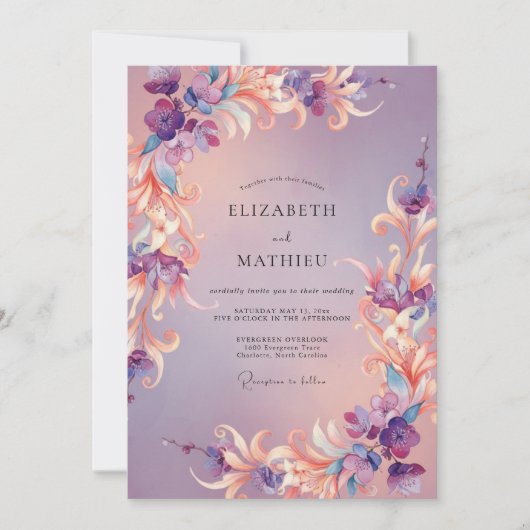 Amethyst Whimsical Flora Hochzeit Einladung (Vorderseite)