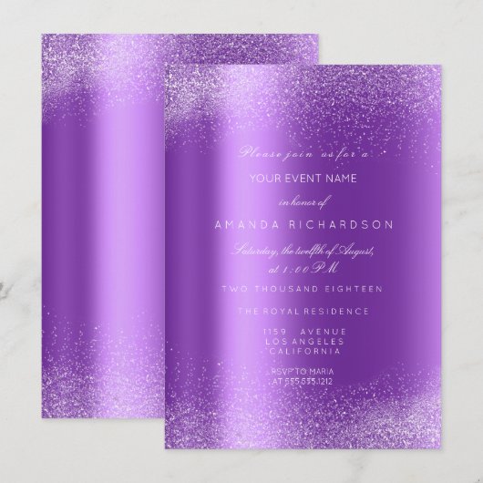 Amethyst White Glitzer Leafs Sand Frame Glam Einladung (Vorne/Hinten)