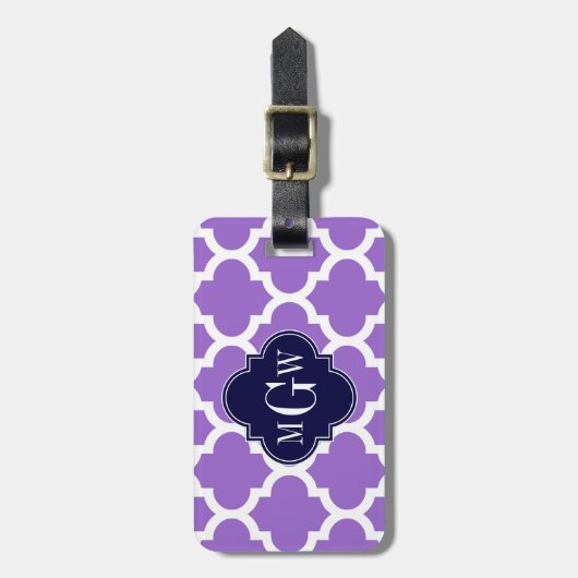 Amethyst White Marokcan #5 Navy 3 Initial Monogram Gepäckanhänger (Vorderseite vertikal)