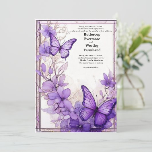 Amethyst Wings Wedding Einladung (Stehend Vorderseite)