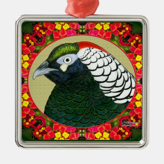 Amherst Pheasant und Blume Ornament Aus Metall (Vorne)