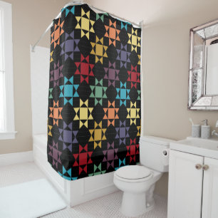 Amish Quilt Print Bright Farben auf schwarz Gemust Duschvorhang