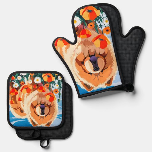 AMONG THE POPPIES Chow Ofenhandschuh & Topflappen-Set (Vorderseite/Rückseite)