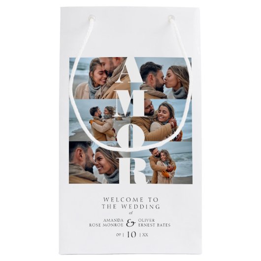 AMOR Quote White Collage Welcome Wedding 6 Photos Kleine Geschenktüte (Rückseite)