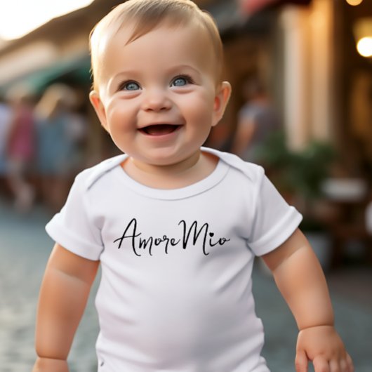 Amore Mio Chic Black Script on White Baby Strampler