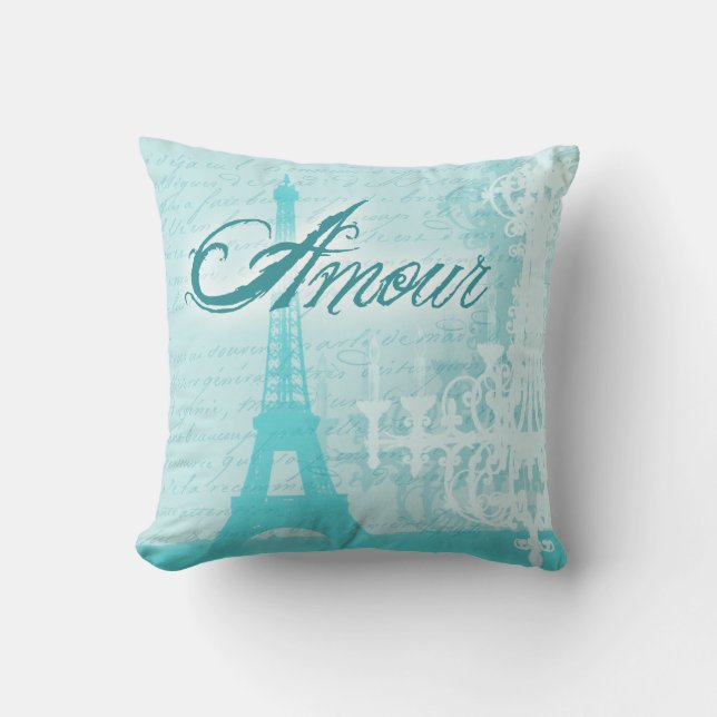 Amour Blue French Eiffel Tower Kissen (Vorderseite)
