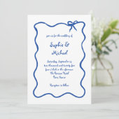 Amour | Blue Illustriert French Bow Wedding Einladung (Stehend Vorderseite)