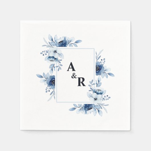 Ampersand Blue Floral Couple Initials Wedding Serviette (Vorderseite)