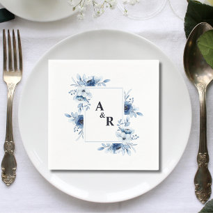 Ampersand Blue Floral Couple Initials Wedding Serviette