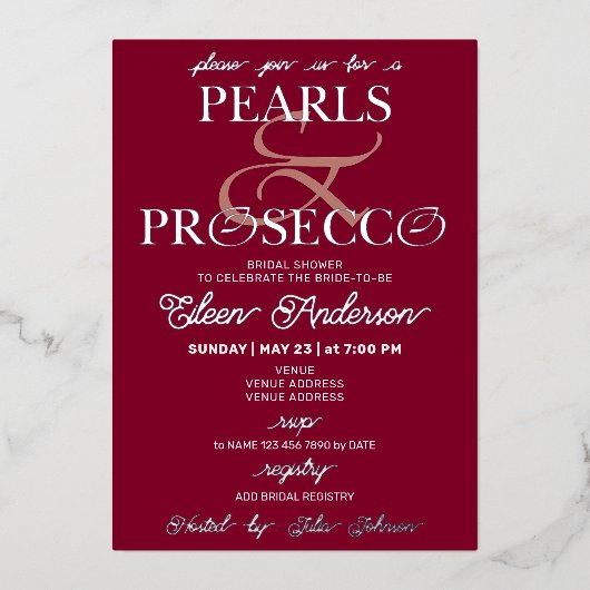 Ampersand Burgunder Perlen & Prosecco Brautparty Folieneinladung (Vorderseite)