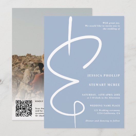 Ampersand Foto Eisblauen Skript Qr Code Hochzeit Einladung (Vorne/Hinten)