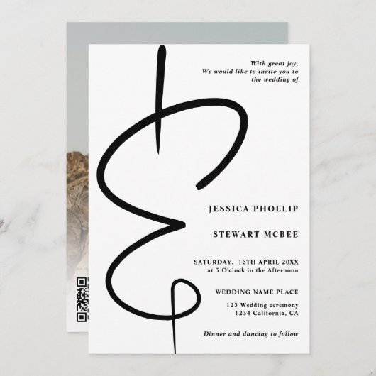 Ampersand Foto moderne Kalligraphie Qr Code Hochze Einladung (Vorne/Hinten)