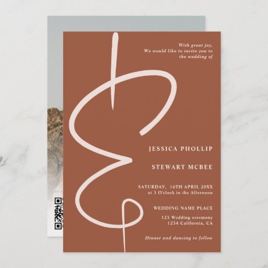 Ampersand Foto Terracotta Skript Qr Code Hochzeit Einladung (Vorne/Hinten)