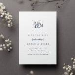 Ampersand-Monogramm-Save the Date-Karte | Marine Save The Date<br><div class="desc">Einfach und elegant speichern Sie die Dattelkarten benachrichtigen Sie Ihre Gäste über Ihre bevorstehende Hochzeit im zeitlosen Stil. Knackige weiße Karten ermöglichen die Bearbeitung Ihrer Initialen in einem Monogramm-Design, verbunden mit einem Kalligraphie-Skript-Ampersand. "Save the Date" erscheint unter dem Namen, dem Hochzeitsdatum und der Position unter dem klassisch marineblauen Serifentyp. Fügen...</div>