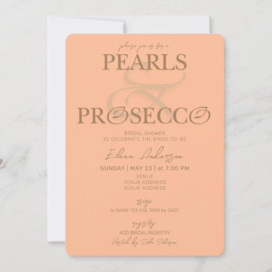 Ampersand Peach Fuzz Pearls Prosecco Brautparty Einladung (Vorderseite)