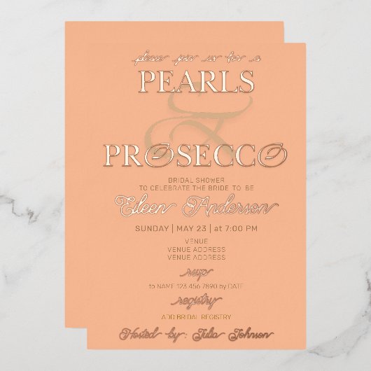 Ampersand Peach Fuzz Pearls Prosecco Brautparty Folieneinladung (Vorderseite/Rückseite)