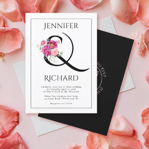 Ampersand und Strauß rosa Rosen QR Hochzeit Einladung