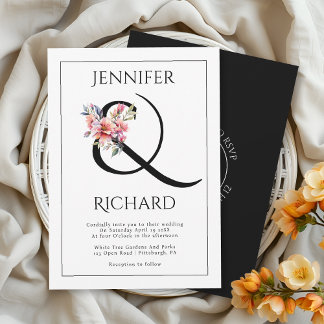 Ampersand with rhododendron branch and QR wedding Einladung