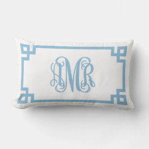 AMR Sky Blue Greek Key Script Monogram Lendenkissen