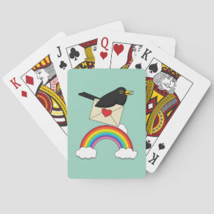 Amsel fliegt über den Regenbogen mit Brief Spielkarten