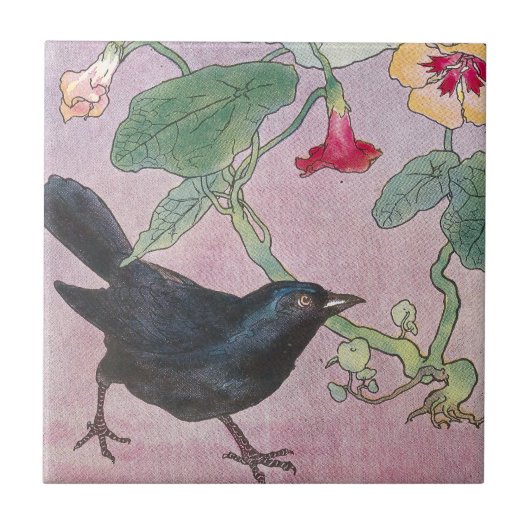 Amsel und Kapuzinerkresse Fliese (Vorderseite)