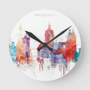 Amsterdam-Aquarell-Skyline Runde Wanduhr